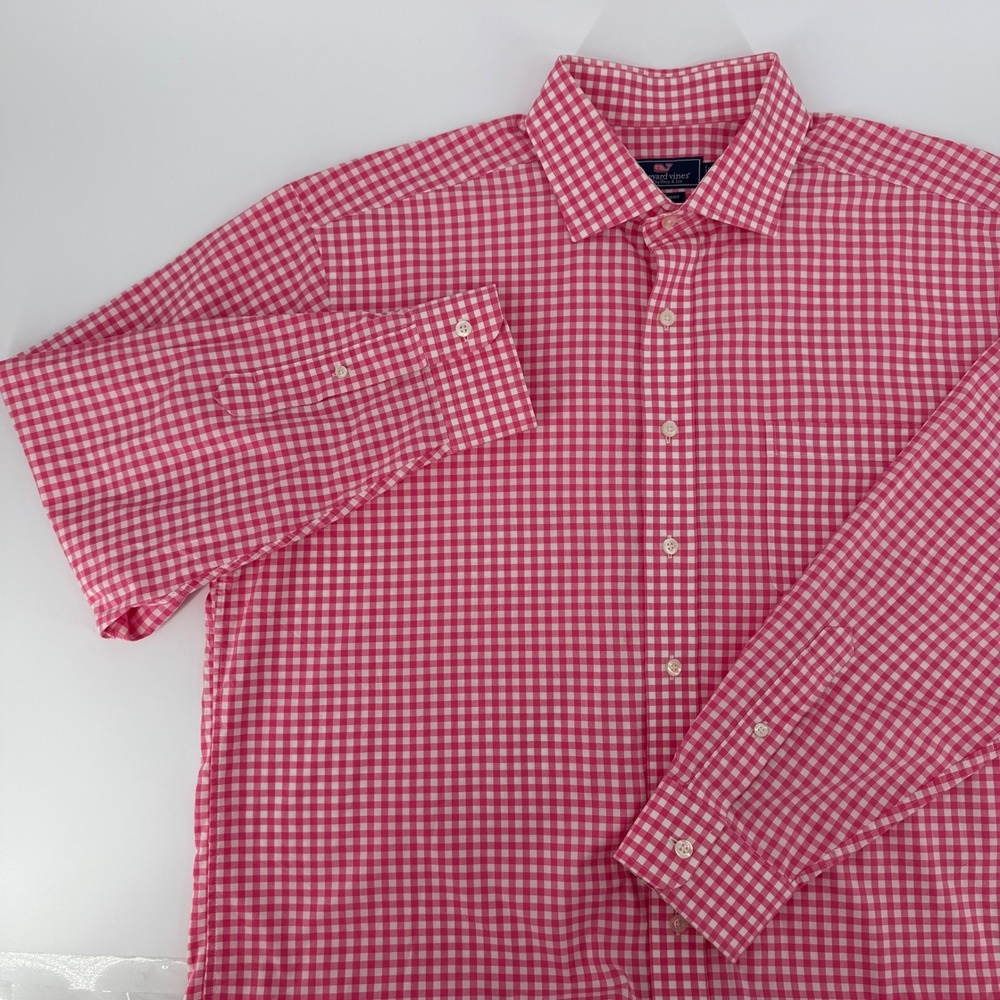 Vineyard Vines Cooper Shirt Mens XL Pink White Gingham Cotton Button Down L/S